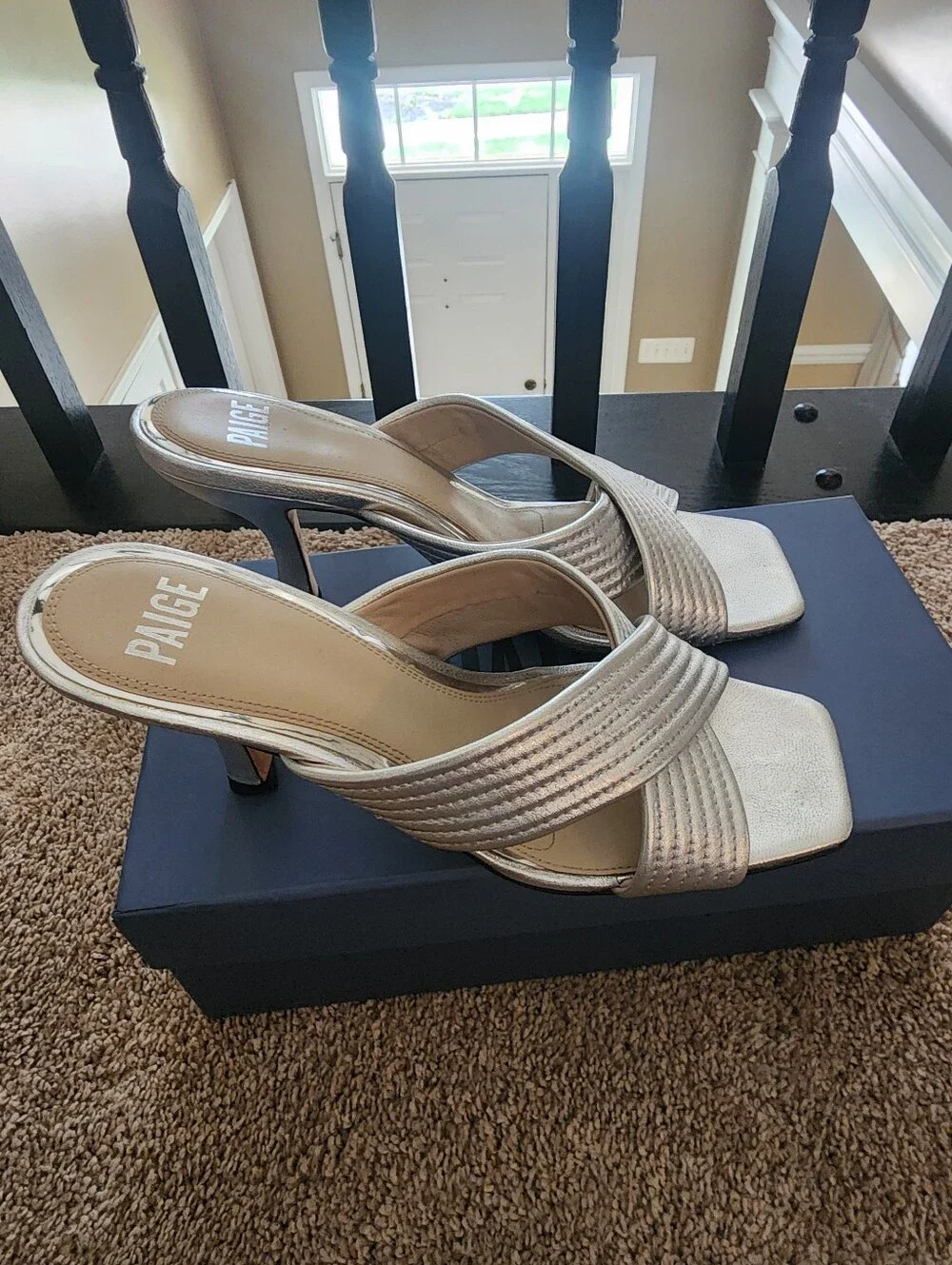 PAIGE Metallic Silver Cross-Strap Slide Heels